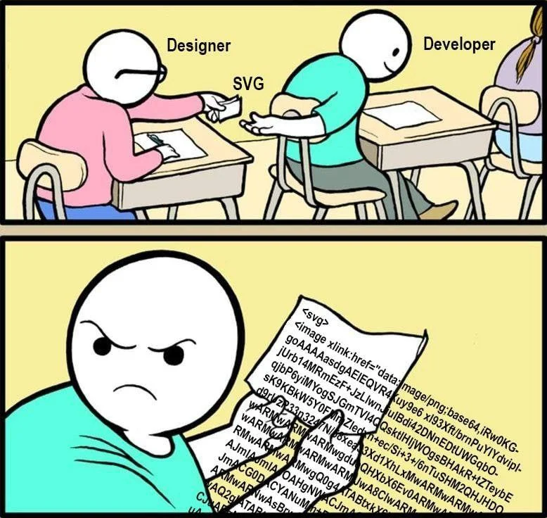 The meme is a humorous illustration of a programmer or developer being handed a document by a designer or artist. The document is labeled as a "SVG" (Scalable Vector Graphics) file, which is a type of vector graphics file used for designing and creating visual elements. The programmer's response, "SVG... in a text file?" is a sarcastic comment implying that the designer has provided the programmer with a plain text file instead of a graphical file, which is unexpected and frustrating.